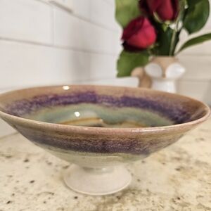 Handmade Art Pottery Celadon Glazed  Pedestal Bowl in Purple and Green